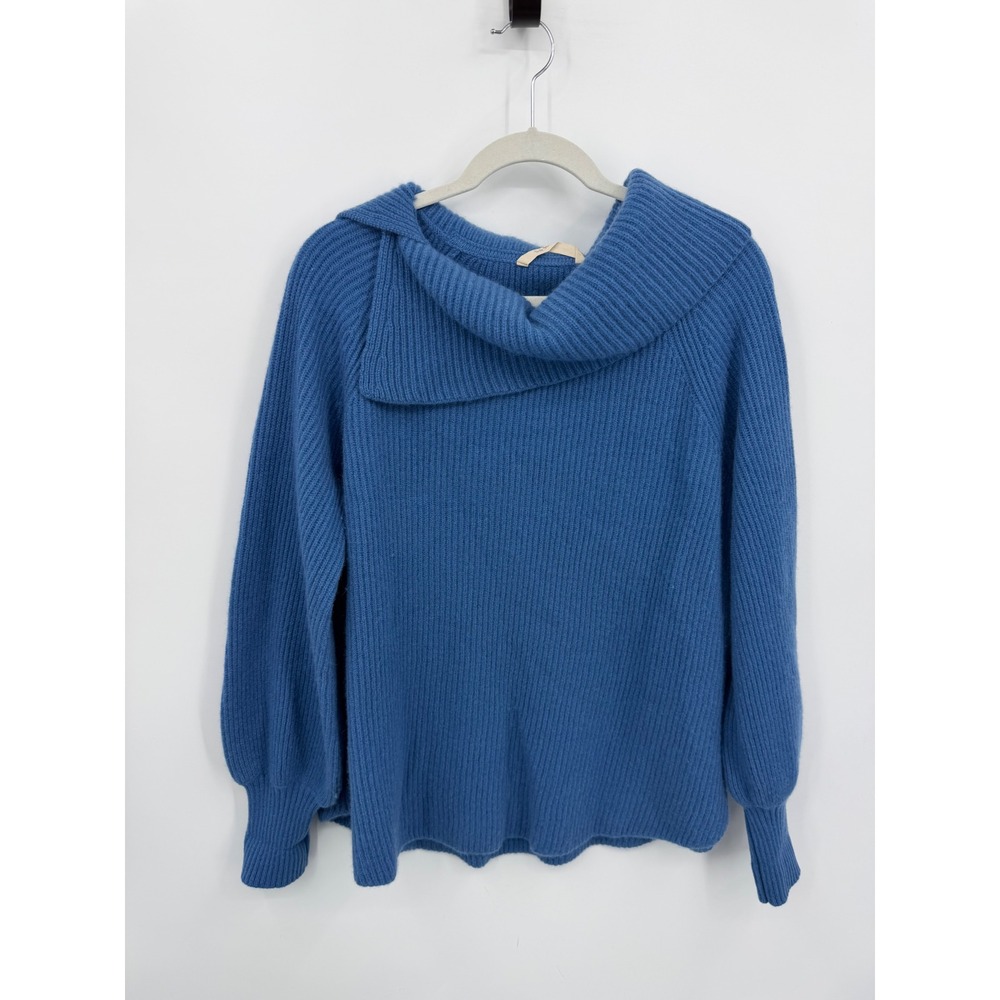 Soft Surroundings 2FK77 100% Cashmere Sweater sz L Blue Cowl Neck Ribbed Knit